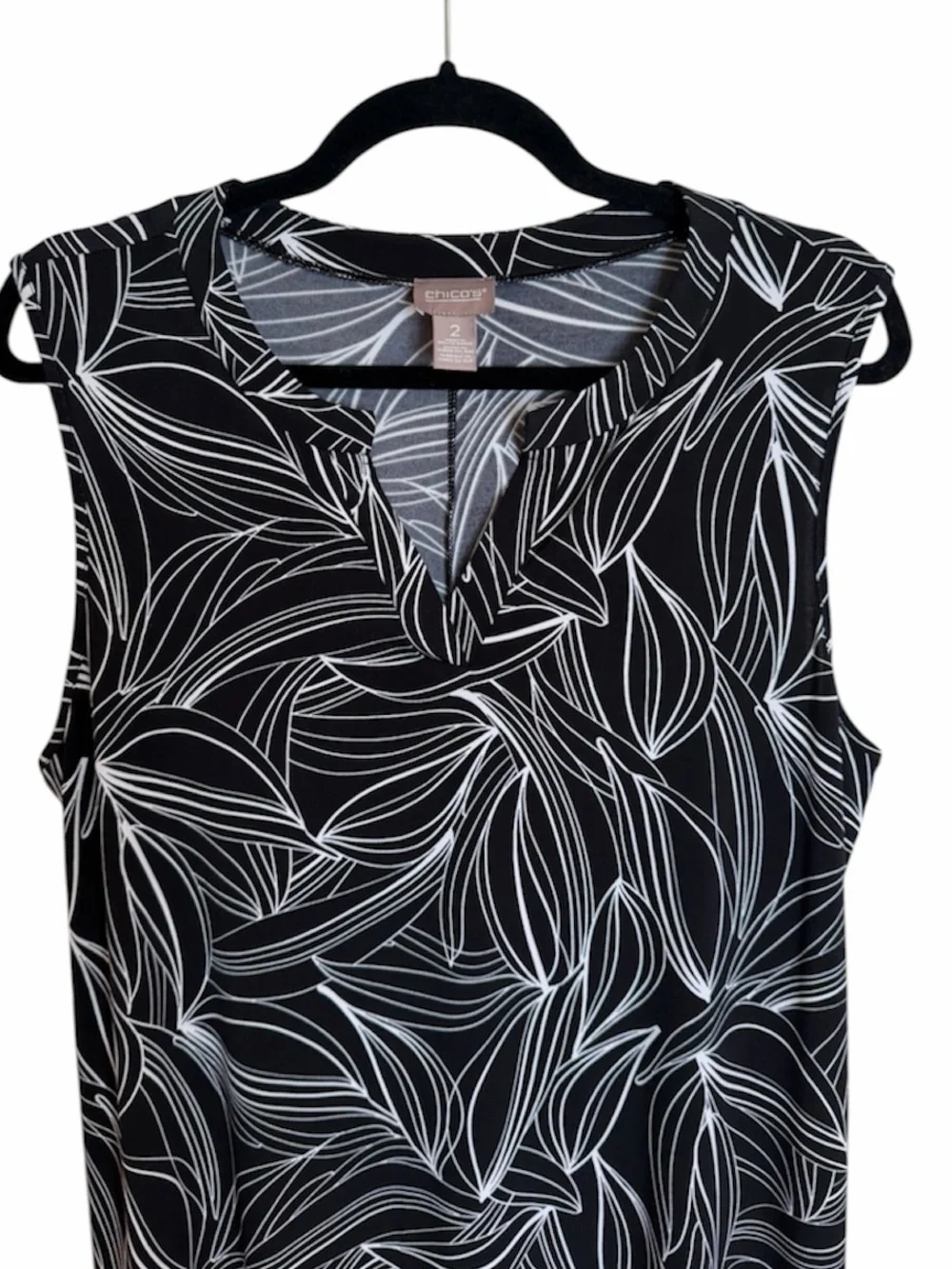 Chico's Black White Leaf Print Sleeveless V Neck A line Dress. Size Large. - Picture 4 of 6